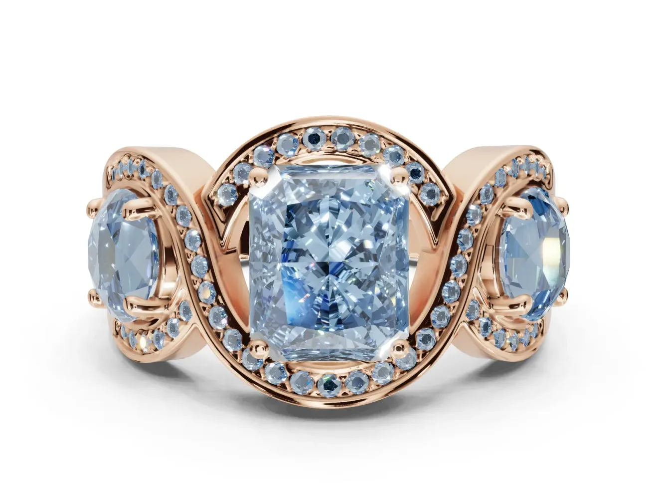 Radiant Cut Three Stone Halo Engagement Ring Setting for a Fancy Blue Lab-Grown Diamond | Pavé Wave Band | Rose Gold