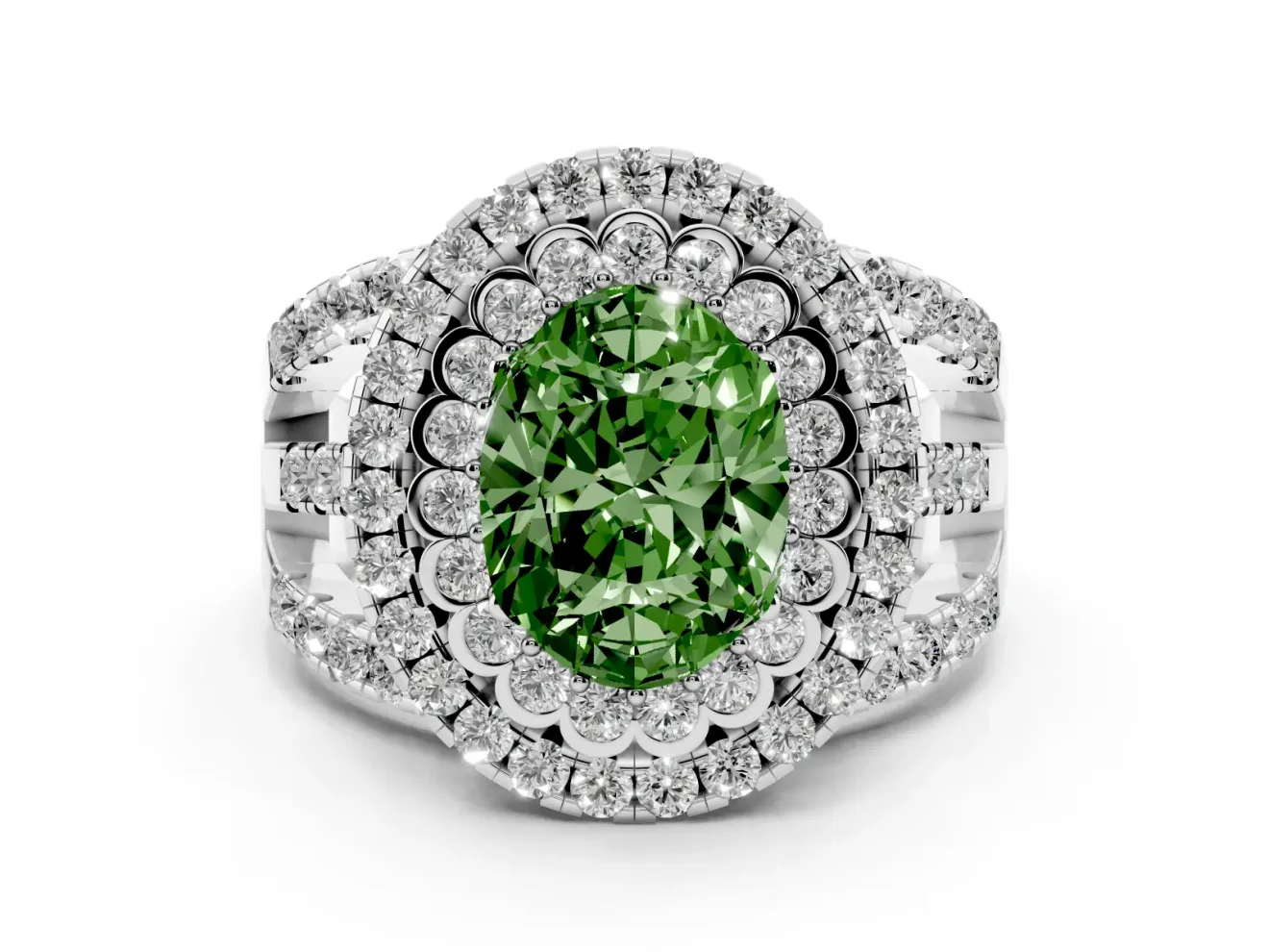 Oval Double Halo Split Shank Engagement Ring Setting for a Fancy Green Lab-Grown Diamond | Pave Strands | Platinum