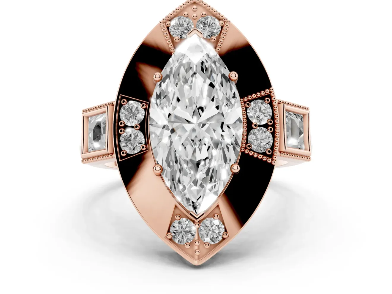 Marquise Cut Diamond Milgrain Halo Ring Set in Rose gold with Split Shank