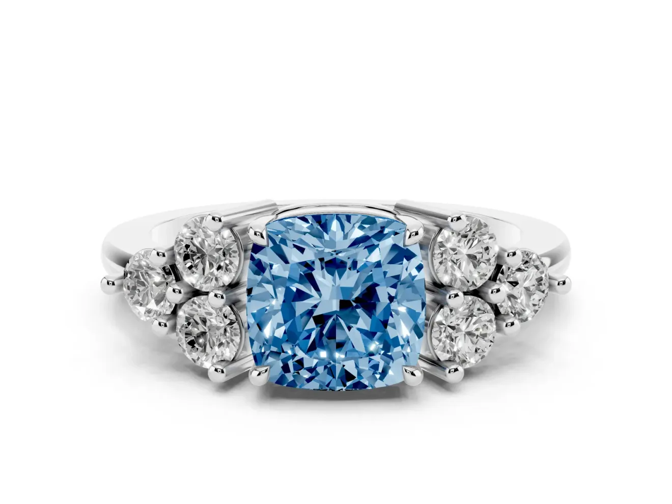 Fancy Blue Cushion Cut Diamond Solitaire Ring Set in Silver with Cluster Accents on Each Side