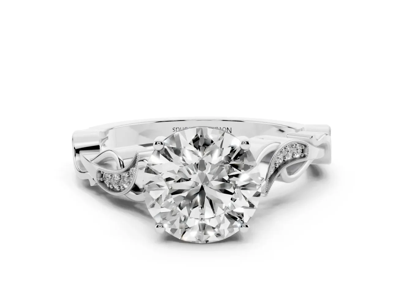 Round Vintage Vine Solitaire Engagement Ring Setting | Milgrain Leaves | Sterling Silver