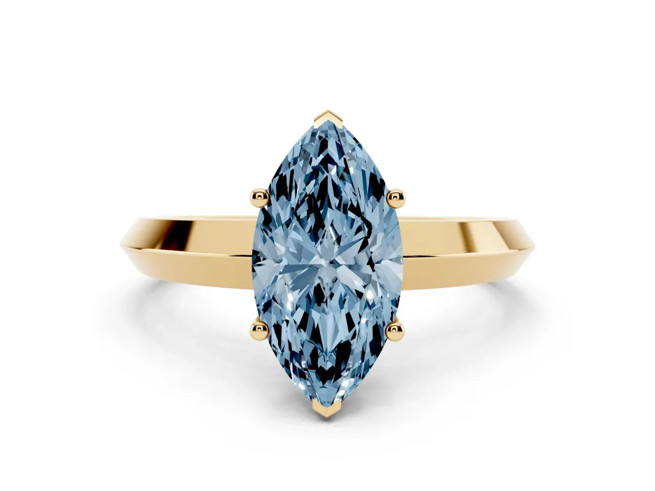 Fancy Blue Marquise Cut Diamond Solitaire Engagement Ring Set in Yellow gold with Flat Band and Prong Setting
