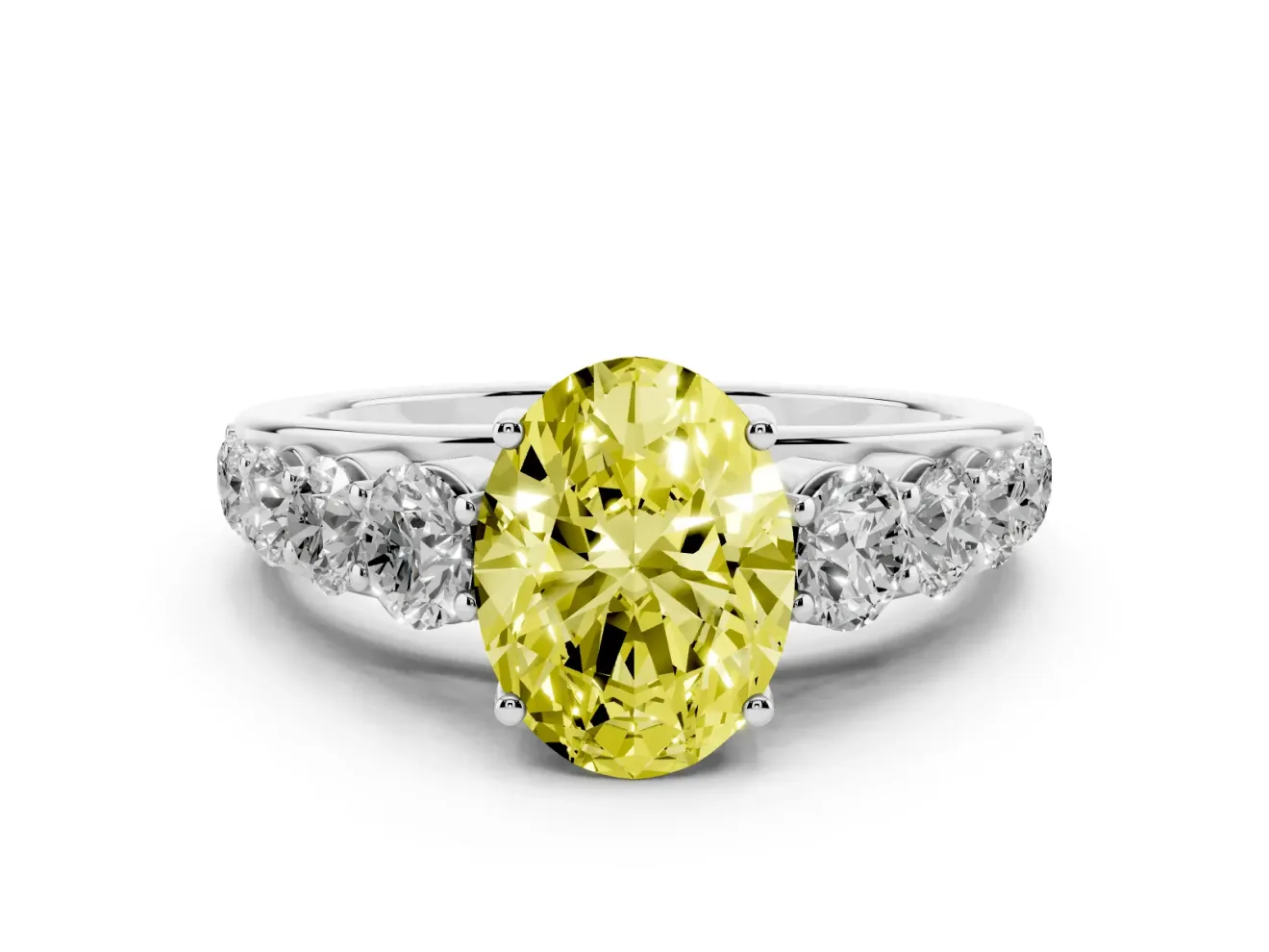 Oval Graduated Side Stone Engagement Ring Setting for a Fancy Yellow Lab-Grown Diamond | Flat Top Band | Sterling Silver