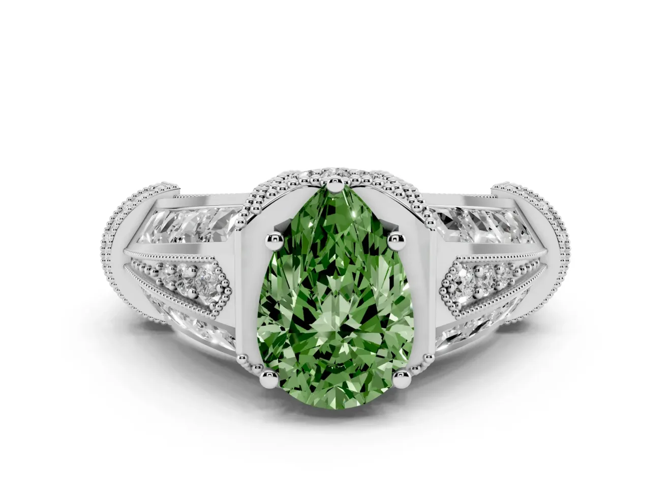 Fancy Green Pear Cut Diamond Vintage-Inspired Milgrain Ring Set in White gold with Accent Split Shank