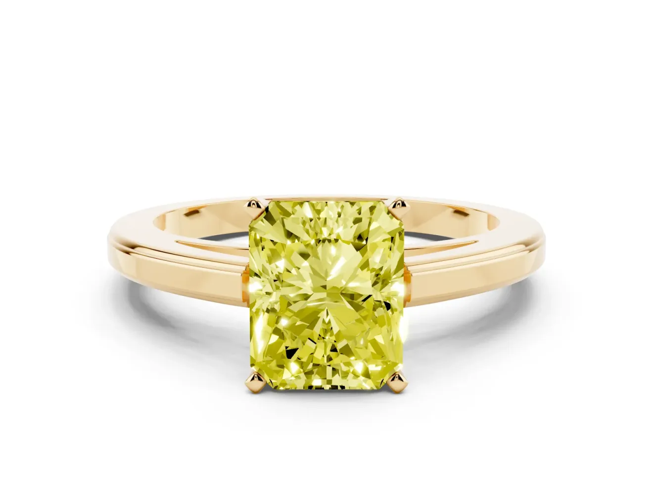 Fancy Yellow Radiant Cut Diamond Solitaire Ring Set in Yellow gold with Prong Setting and Classic Band