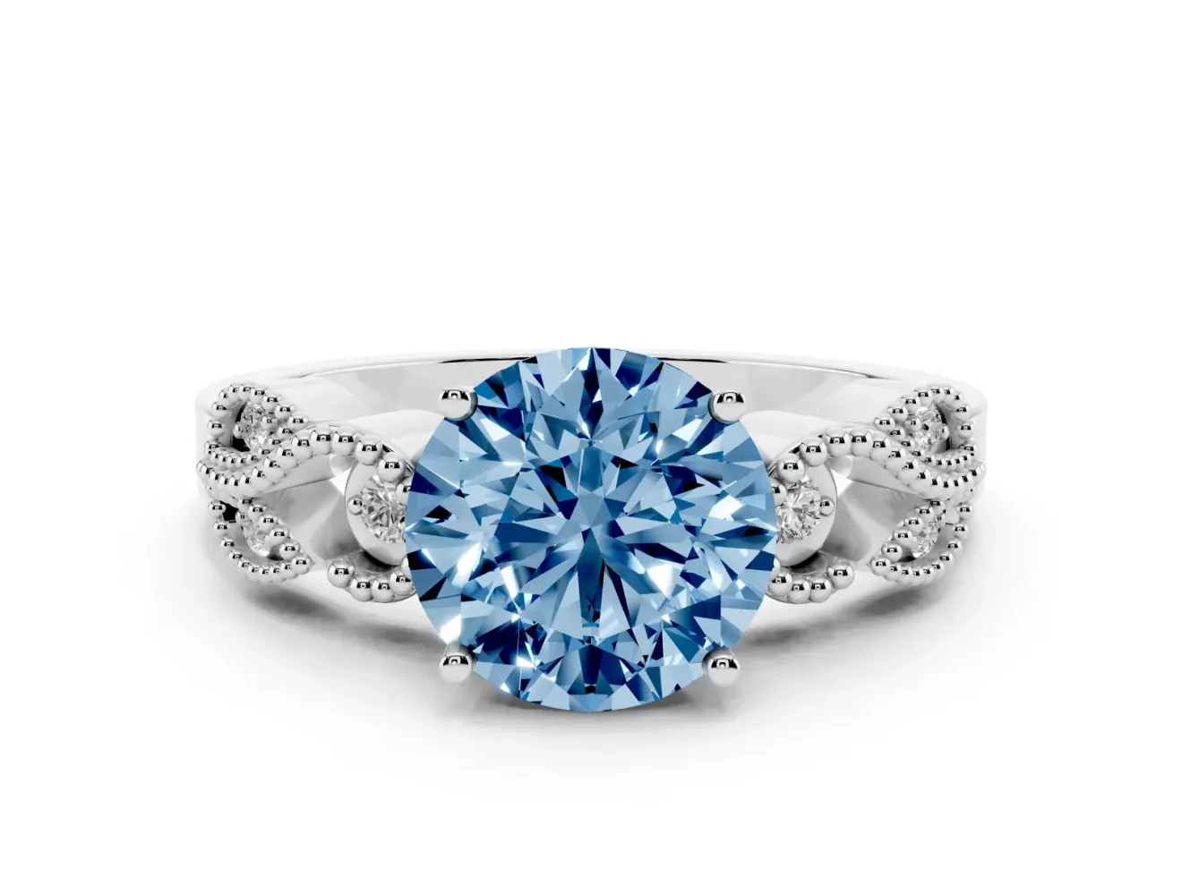 Fancy Blue Round Cut Diamond Milgrain Leaf Band Solitaire Ring Set in Platinum with Accent Stones and Prong Setting