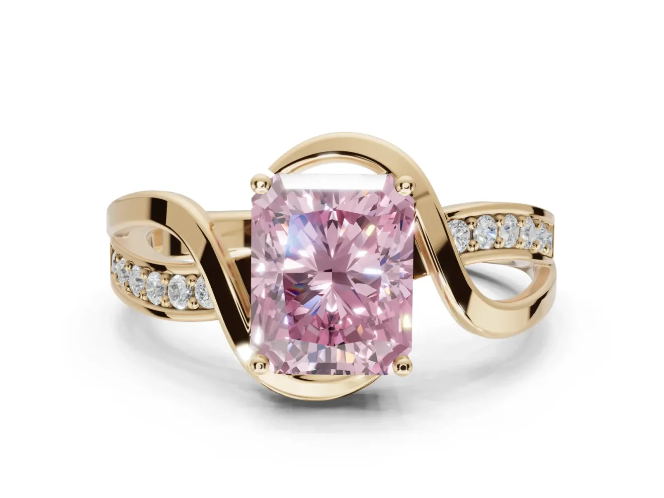 Radiant Cut Bypass Solitaire Engagement Ring Setting for a Fancy Pink Lab-Grown Diamond | Pavé Strands | Yellow Gold