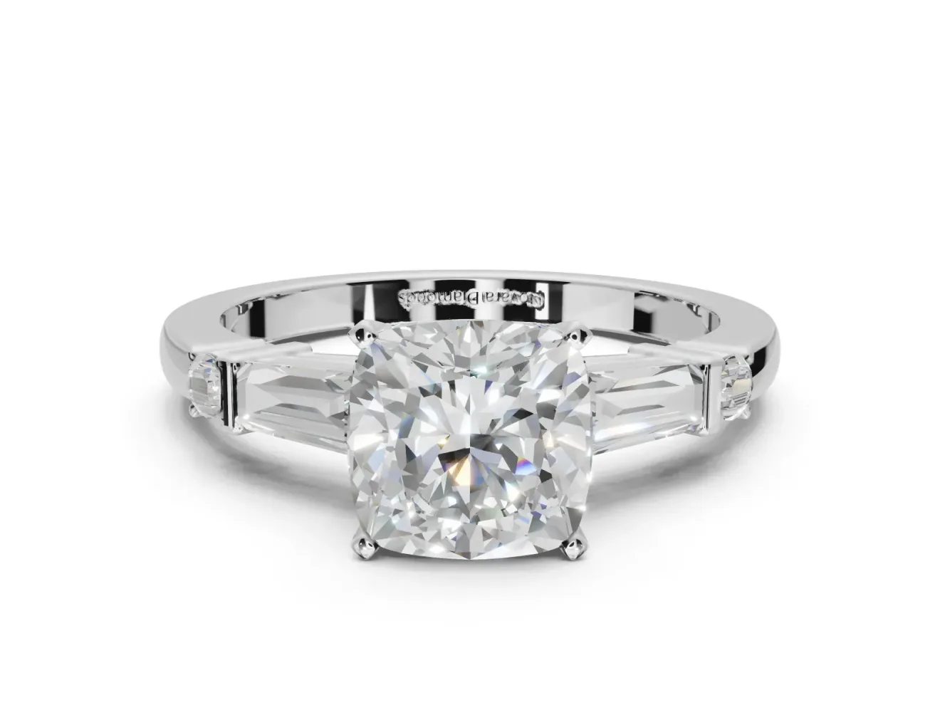 Cushion Cut Tapered Baguette Engagement Ring Setting | Bar Set Sides | White Gold