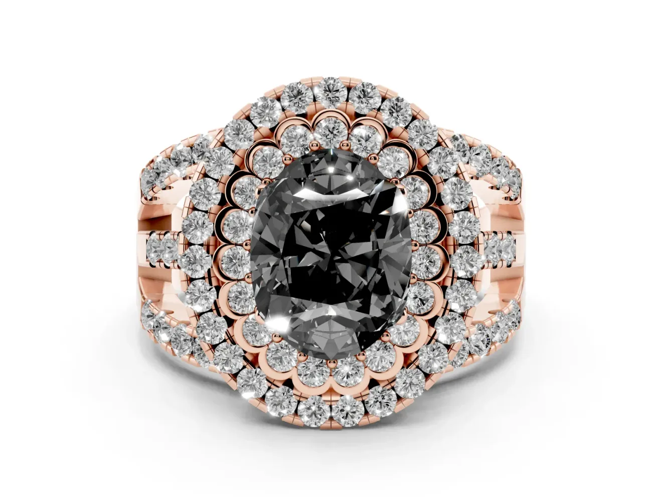 Oval Double Halo Split Shank Engagement Ring Setting for a Black Center | Pavé Strands | Rose Gold