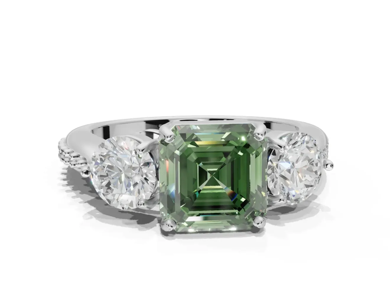 Asscher Cut Three Stone Engagement Ring Setting for a Fancy Green Lab-Grown Diamond | Tapered Pave Band | Platinum