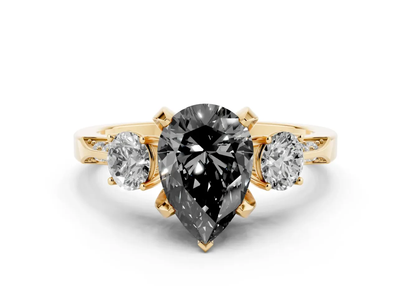 Pear-Shaped Hidden Halo Three Stone Engagement Ring Setting for a Black Center | Yellow Gold