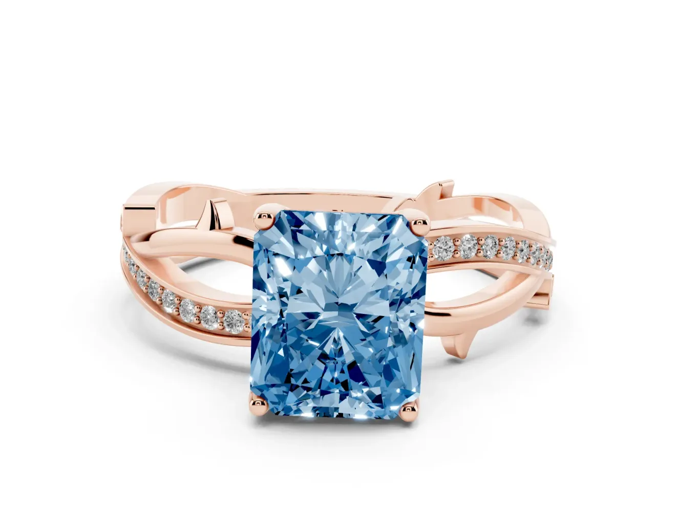 Fancy Blue Radiant Cut Diamond Pavé Twist Band Solitaire Ring Set in Rose gold with Prong Setting