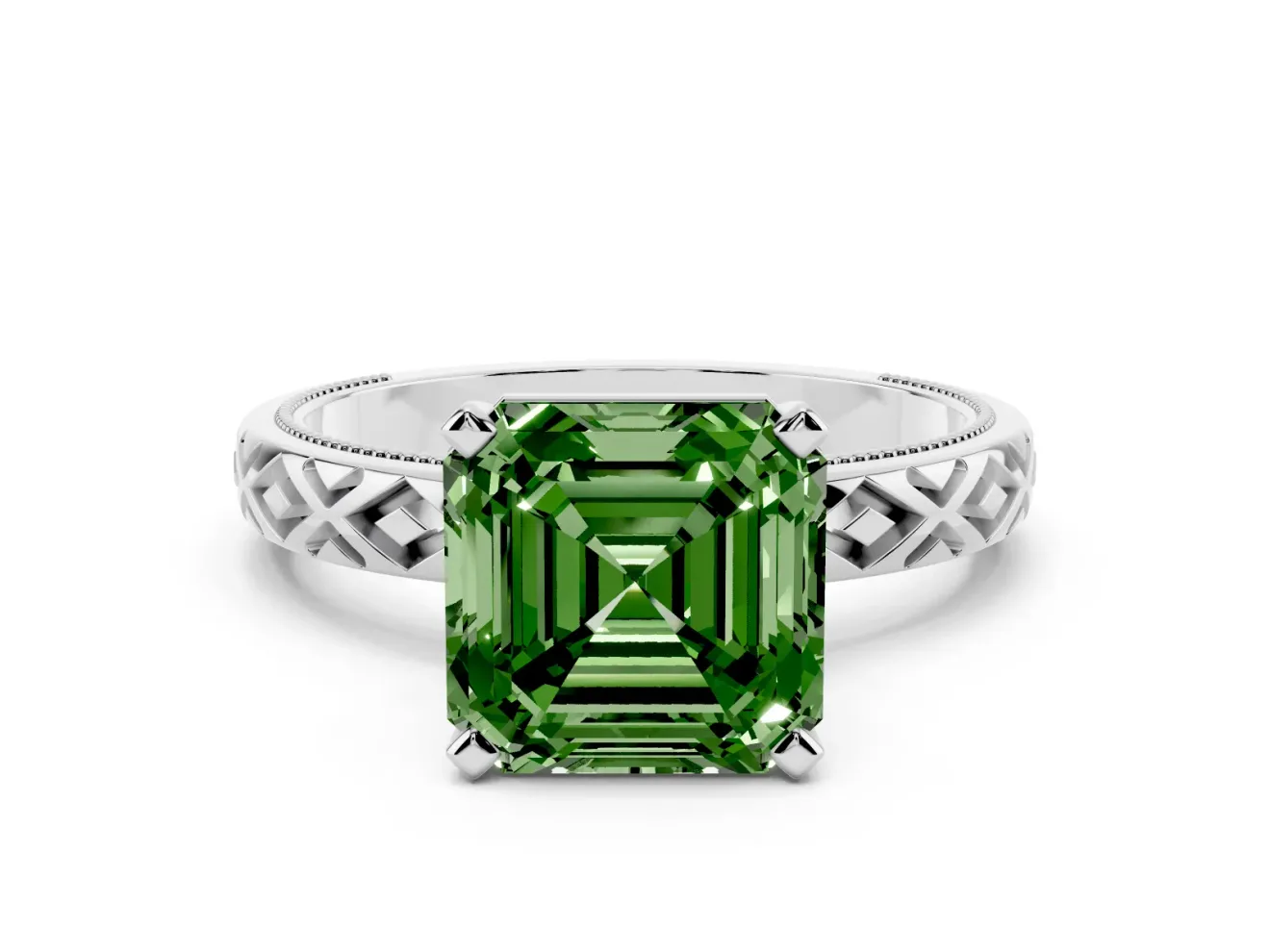 Fancy Green Asscher Cut Diamond Solitaire Ring Set in Silver with Milgrain and Black Enamel X Pattern Band