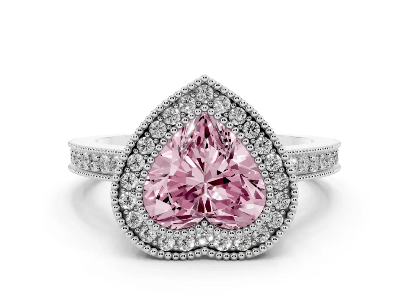 Fancy Pink Heart Cut Diamond Round Halo Ring Set in Silver with Pavé Band