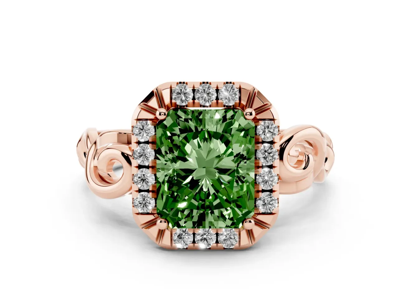 Fancy Green Radiant Cut Diamond Halo Ring Set in Rose gold with Scrollwork Band and Prong Setting