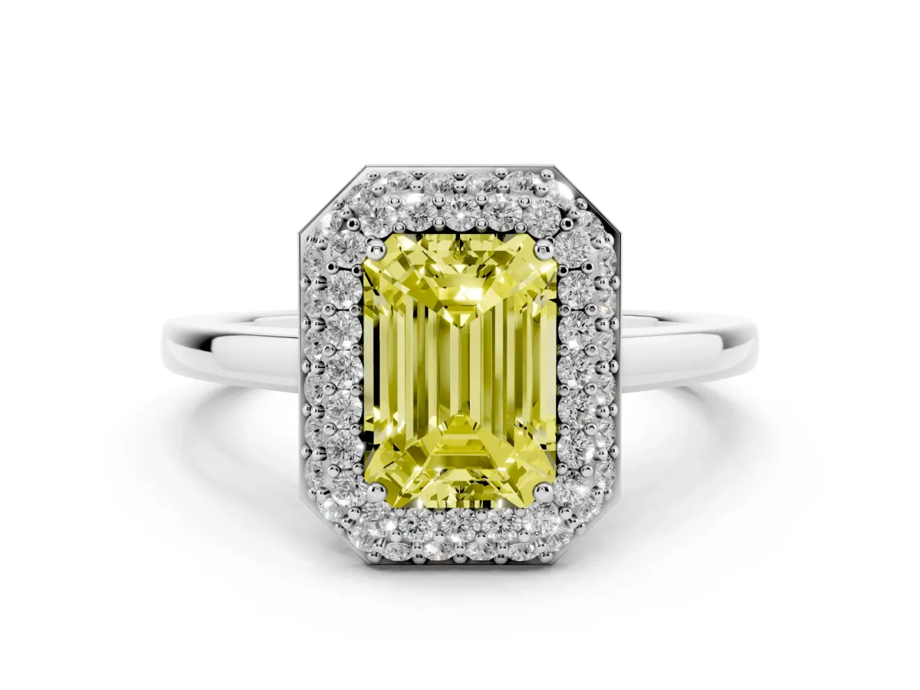 Fancy Yellow Emerald Cut Diamond Halo Engagement Ring Set in White gold with Solitaire Band and Prong Setting