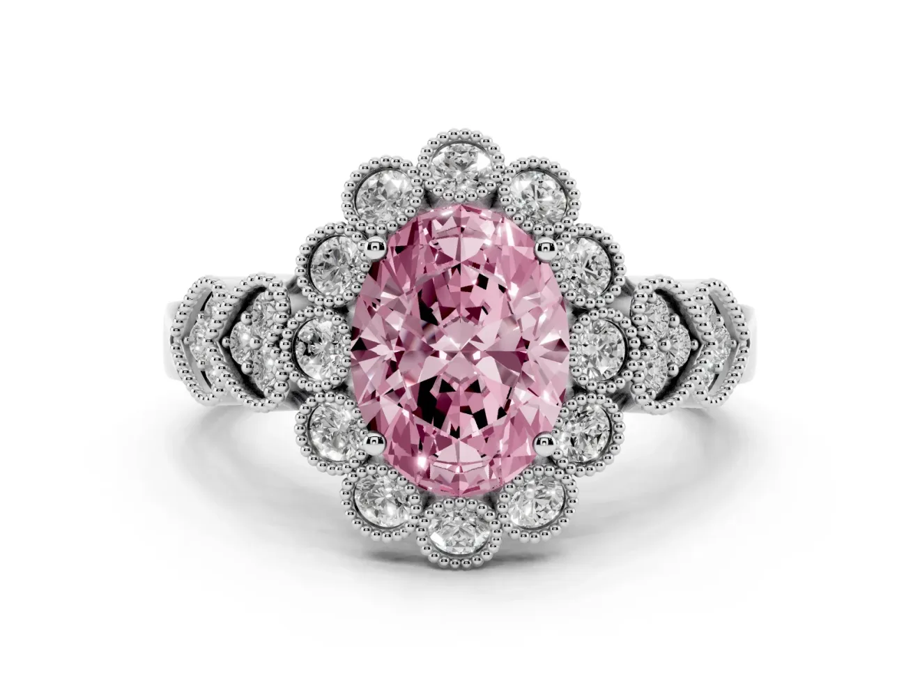 Oval Scalloped Halo Engagement Ring Setting for a Fancy Pink Lab-Grown Diamond | Heart Pavé Band | White Gold