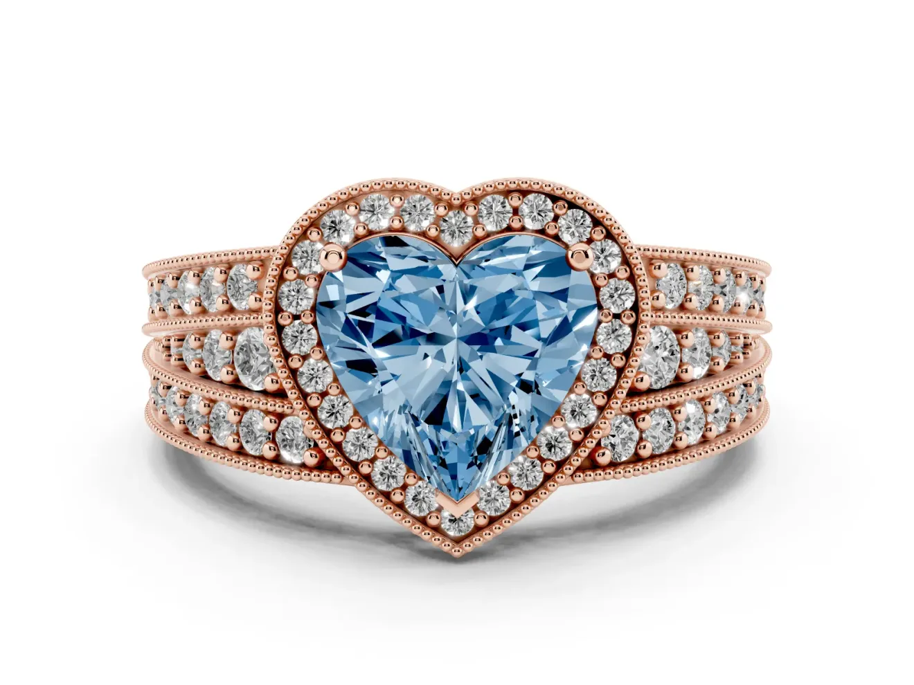 Heart-Shaped Milgrain Halo Engagement Ring Setting for a Fancy Blue Lab-Grown Diamond | Split Shank | Rose Gold