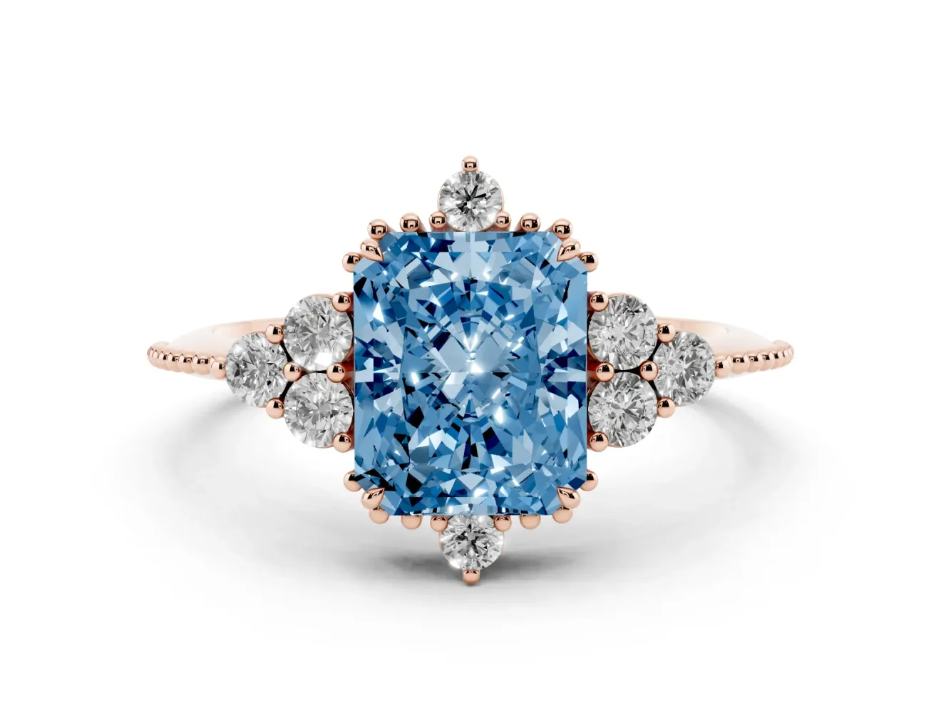 Radiant Cut Cluster Engagement Ring Setting for a Fancy Blue Lab-Grown Diamond | Rose Gold
