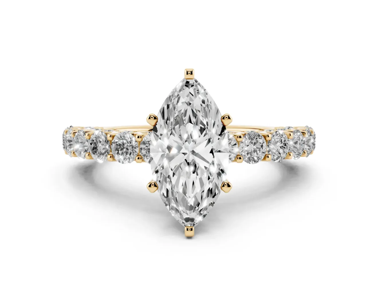 Marquise Shared Prong Engagement Ring Setting | Two-Row Band | Yellow Gold