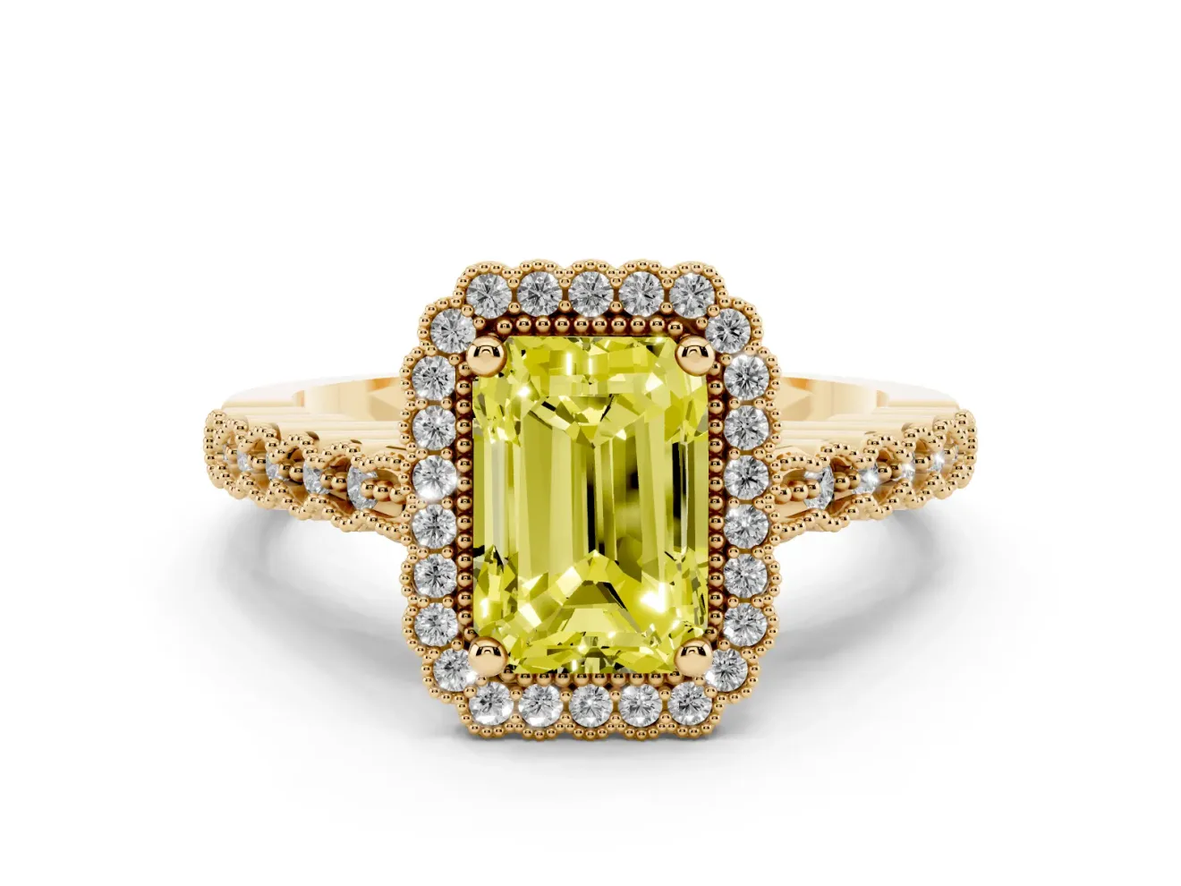 Radiant Cut Milgrain Halo Engagement Ring Setting for a Fancy Yellow Lab-Grown Diamond | Beaded Shoulders | Yellow Gold