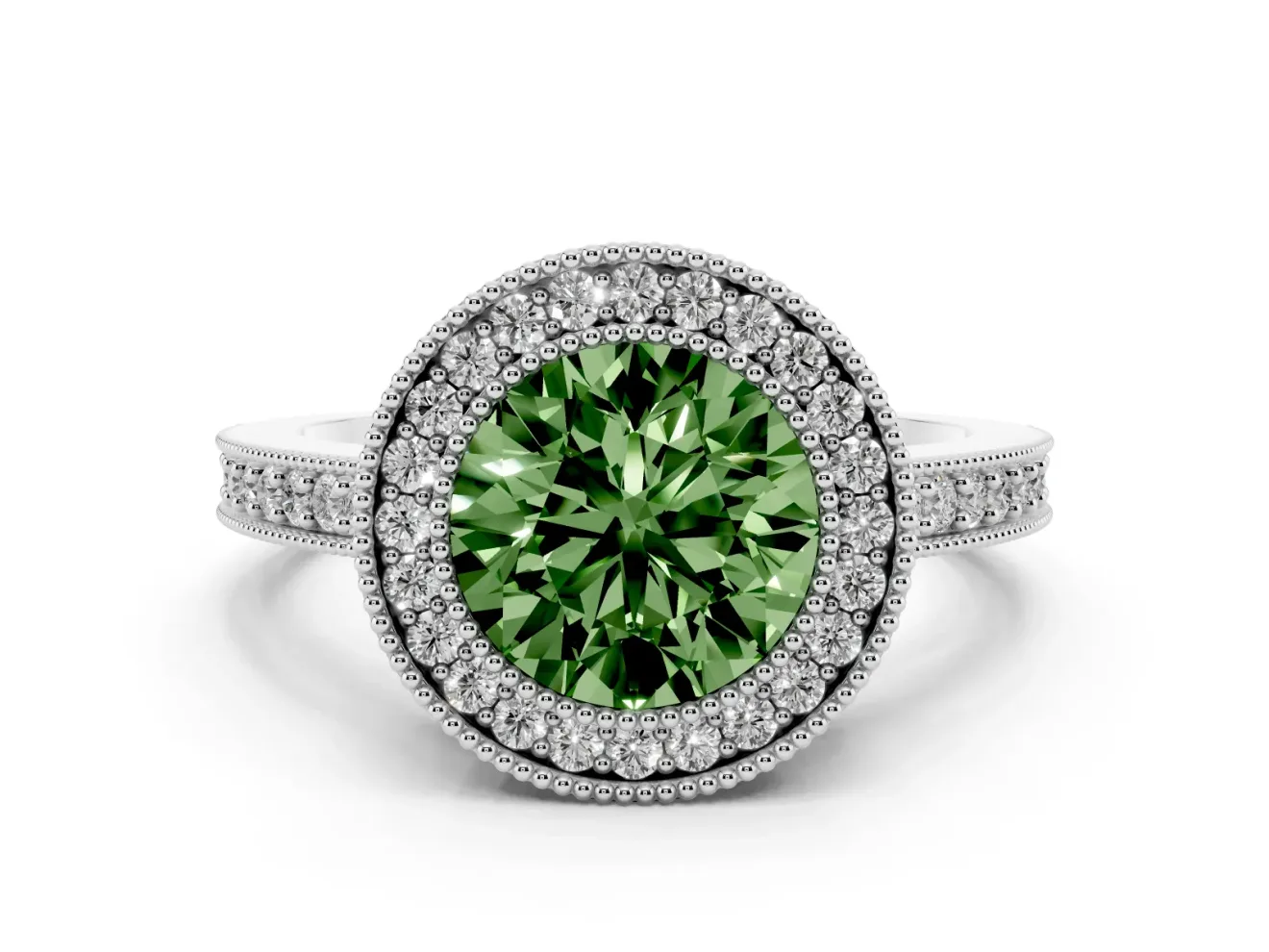 Fancy Green Round Cut Diamond Halo Engagement Ring Set in Silver with Pavé Band and Round Halo Stones