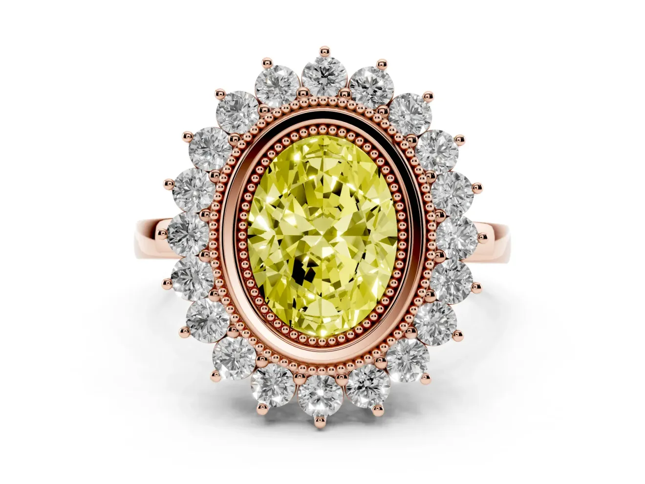 Fancy Yellow Oval Cut Diamond Halo Ring Set in Rose gold with Milgrain Edge and Round Prong Setting