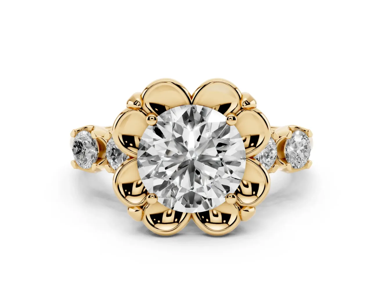 Round Floral Engagement Ring Setting | Petal Frame and Side Stones | Yellow Gold