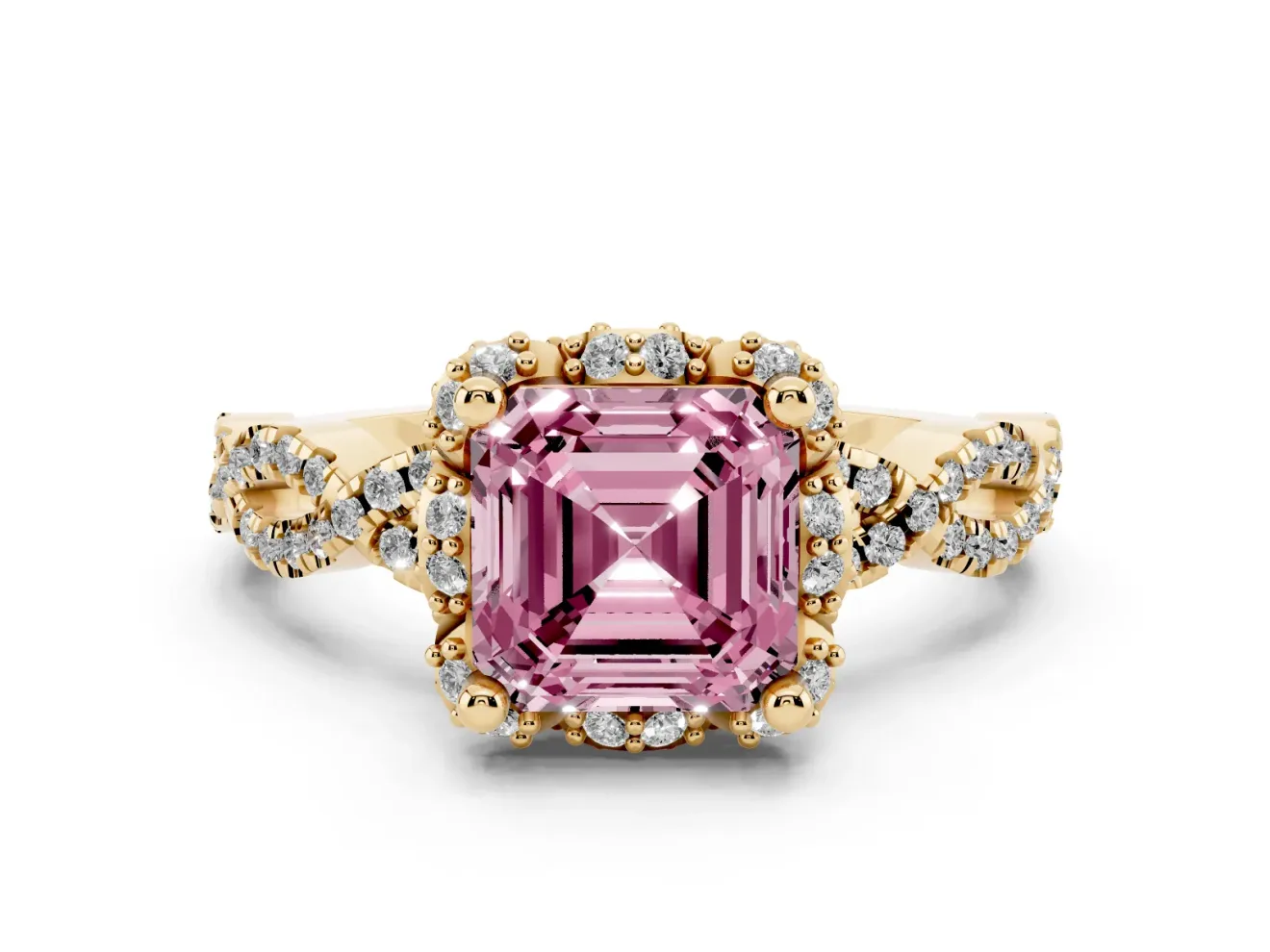 Fancy Pink Asscher Cut Diamond Halo Twist Band Solitaire Ring Set in Yellow gold with Prong-Set Center Stone