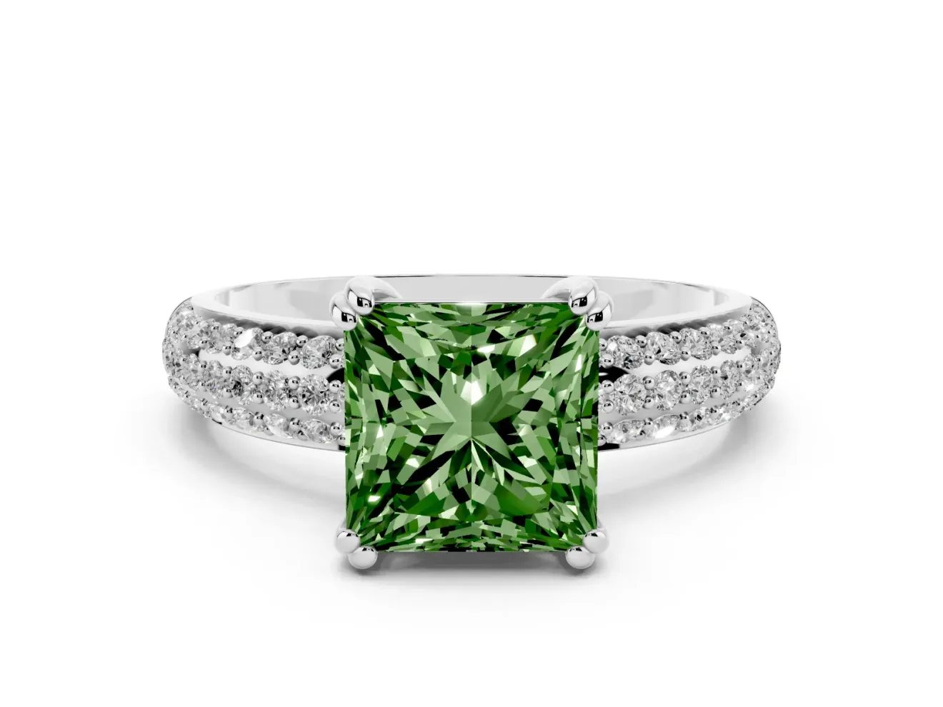 Princess Cut Three Row Pave Engagement Ring Setting for a Fancy Green Lab-Grown Diamond | White Gold