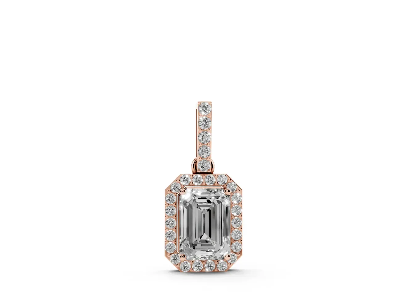 Emerald Cut Diamond Halo Pendant Set in Rose gold with Prong-Set Center