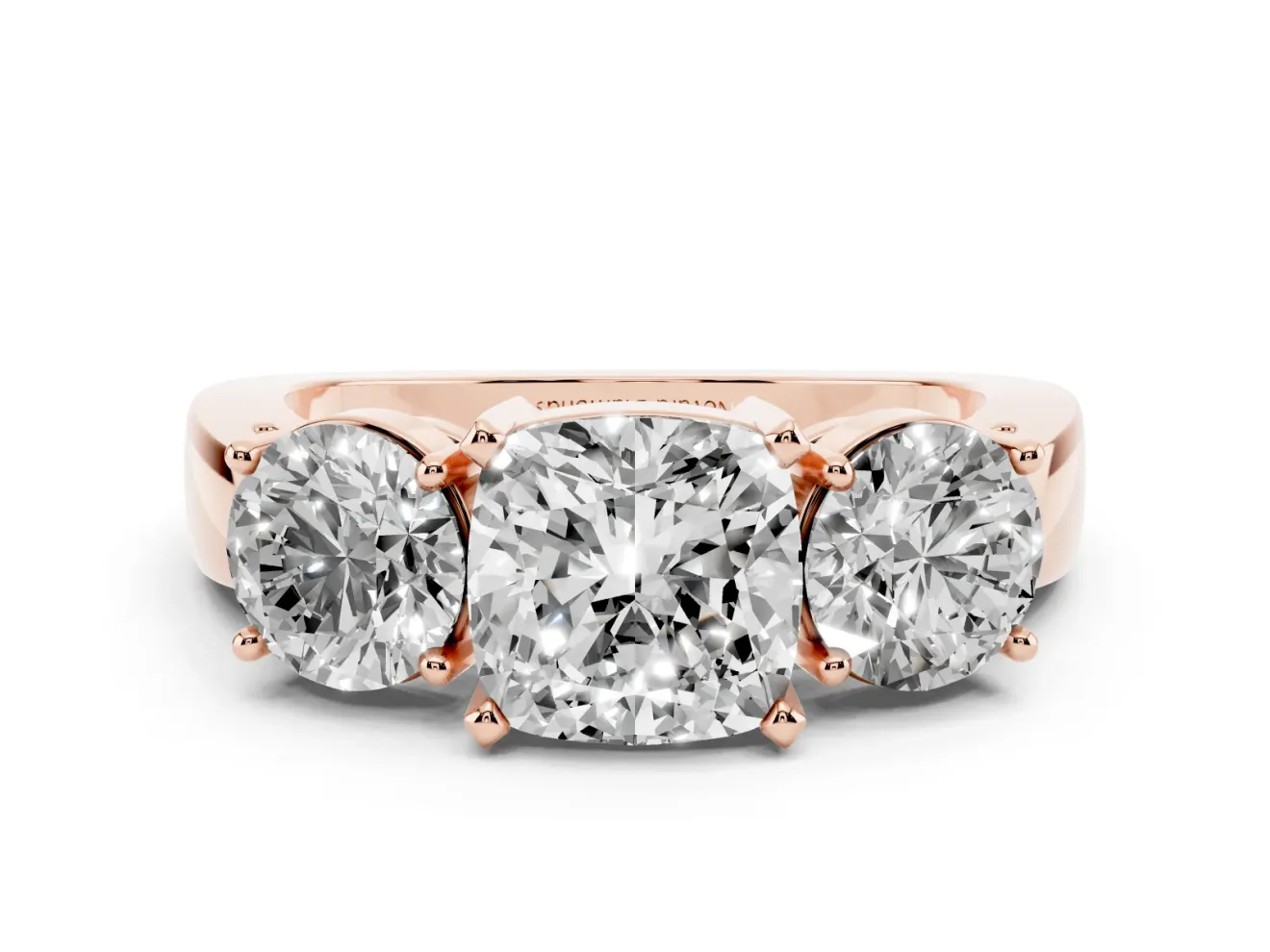Cushion Cut Three Stone Engagement Ring Setting | Wide Plain Band | Rose Gold