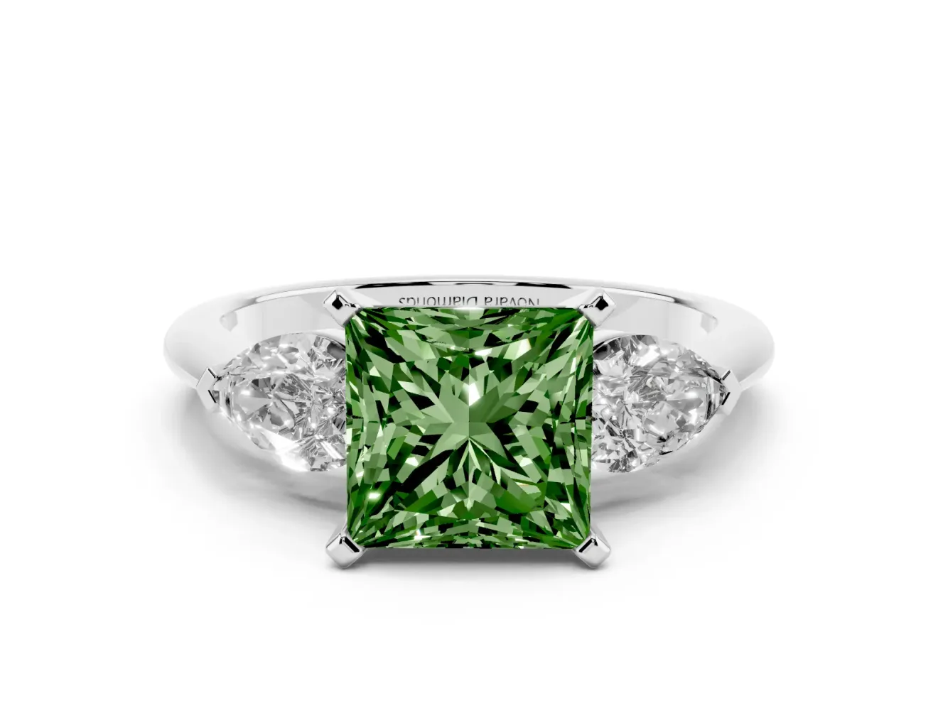 Fancy Green Three-Stone Princess Cut Diamond Ring Set in White gold with Pear Side Stones and Prong Setting