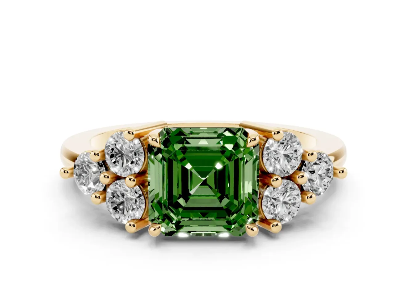 Fancy Green Asscher Cut Diamond Solitaire Ring Set in Yellow gold with Cluster Accents on Each Side