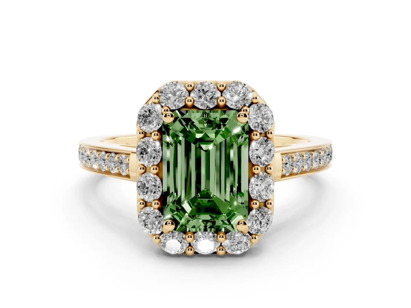 Fancy Green Emerald Cut Diamond Floral Halo Ring Set in Yellow gold with Pavé Band and Prong Setting