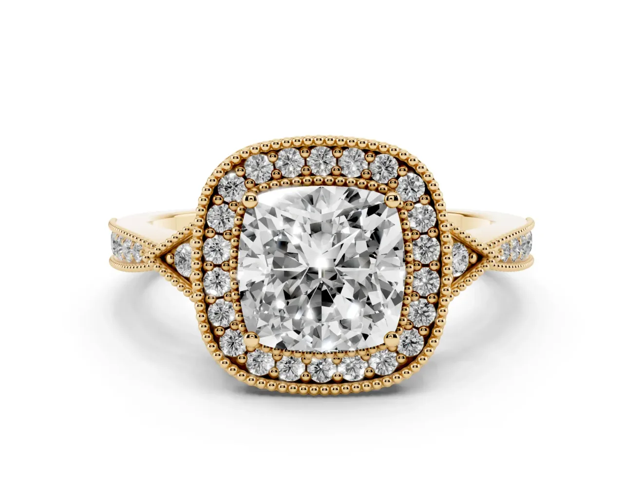 Cushion Cut Diamond Halo Engagement Ring Set in Yellow gold with Milgrain Pavé Band
