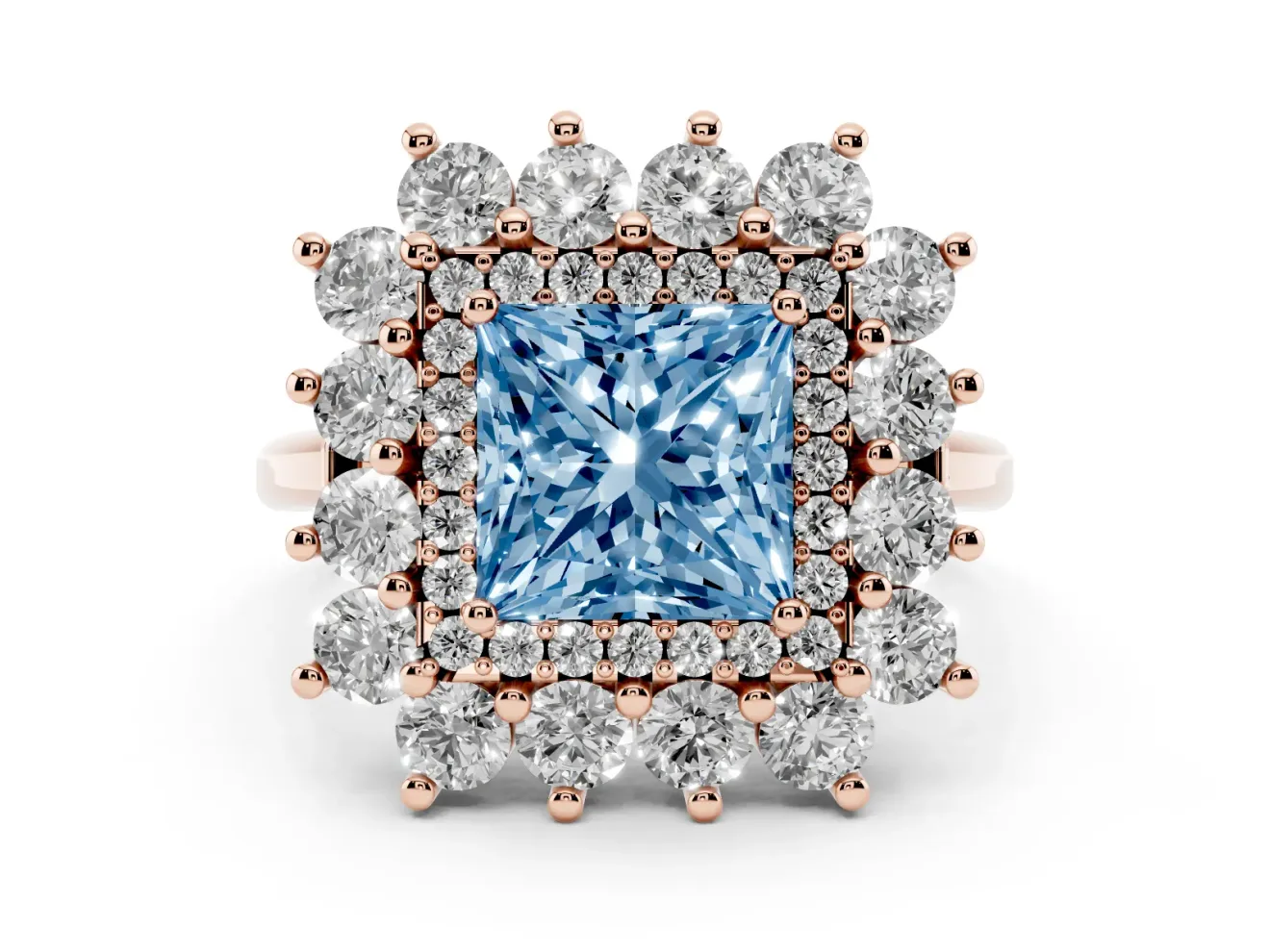 Princess Cut Floral Double Halo Engagement Ring Setting for a Fancy Blue Lab-Grown Diamond | Plain Band | Rose Gold