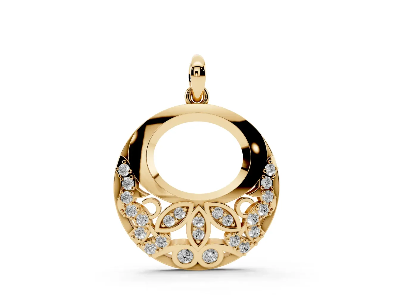 Round Lab-Grown Diamond Pavé Leaf Filigree Disc Pendant Necklace | Open Oval Window | Yellow Gold