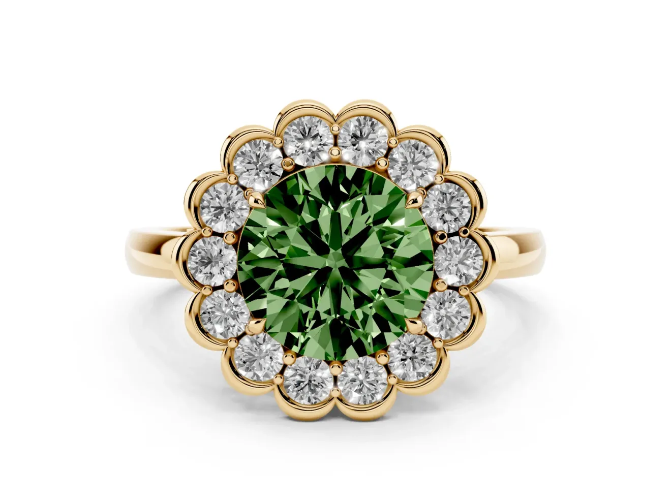 Round Scalloped Cluster Halo Engagement Ring Setting for a Fancy Green Lab-Grown Diamond | Plain Band | Yellow Gold