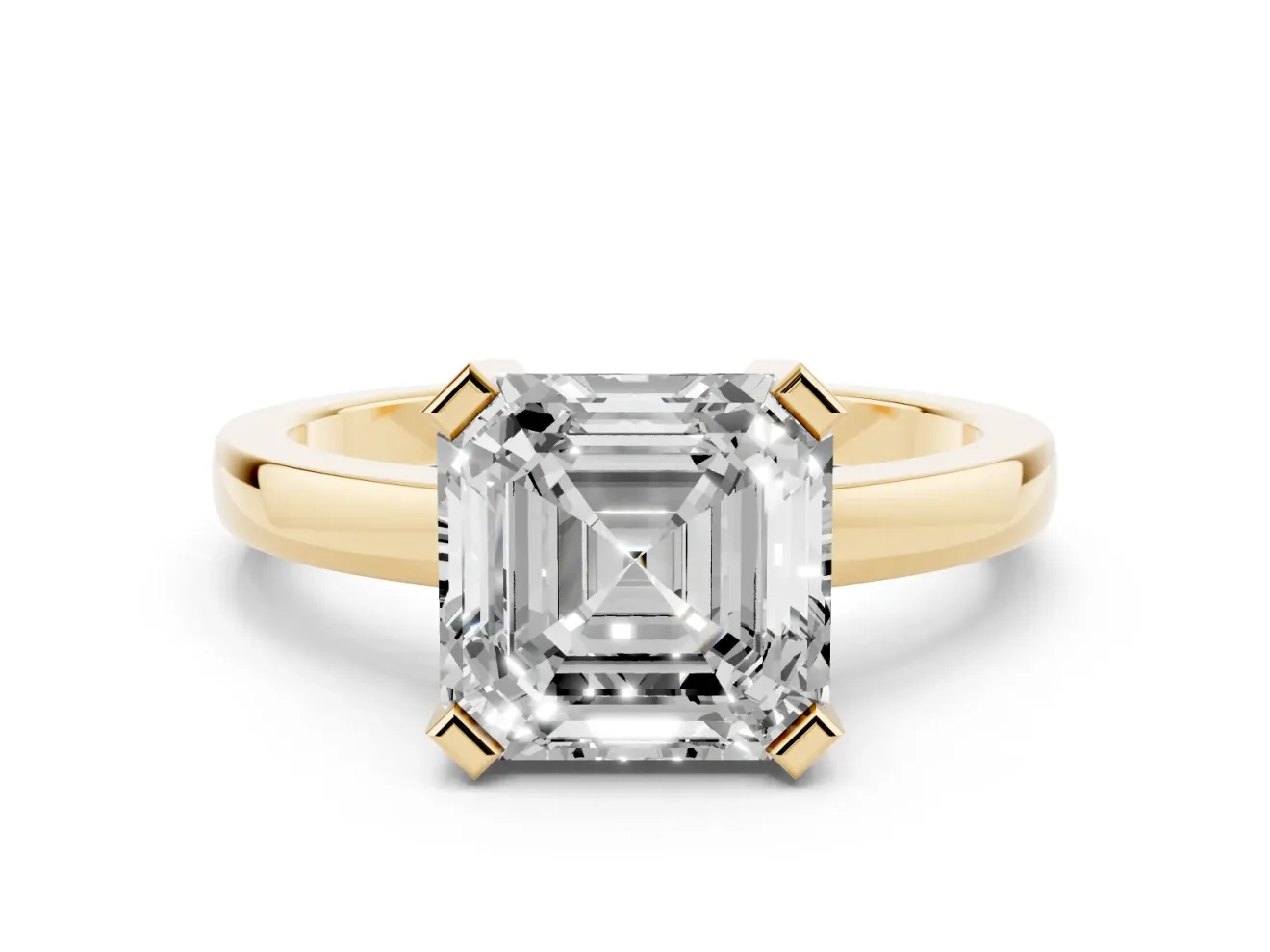 Asscher Cut Diamond Solitaire Ring Set in Yellow gold with Prong Head and Smooth Polished Band