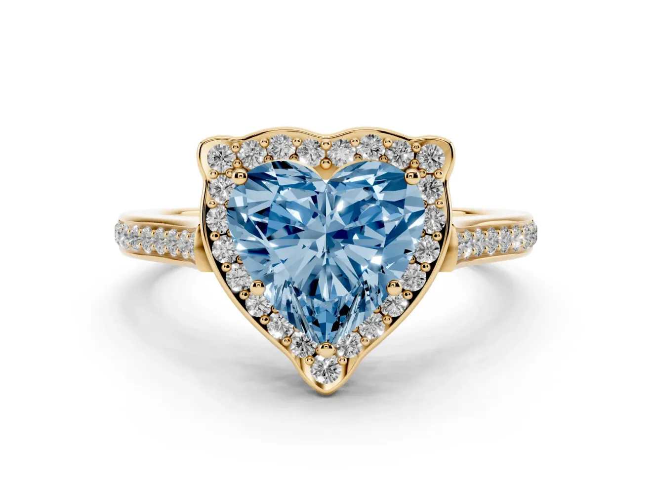 Heart-Shaped Petal Tip Halo Engagement Ring Setting for a Fancy Blue Lab-Grown Diamond | Pavé Band | Yellow Gold