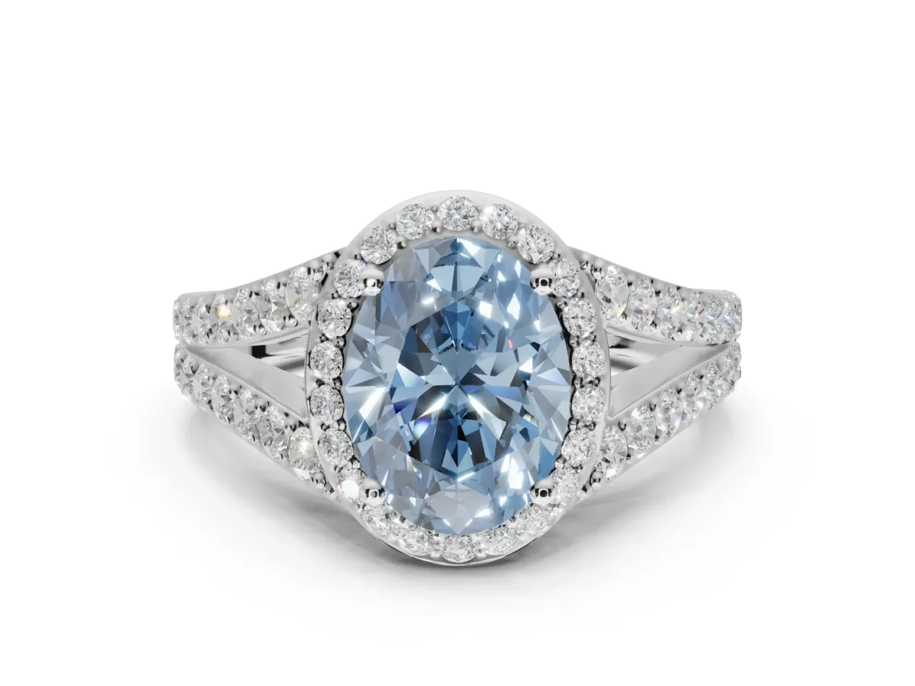 Oval Halo Pavé Engagement Ring Setting for a Fancy Blue Lab-Grown Diamond | Narrow Split Shank | Sterling Silver