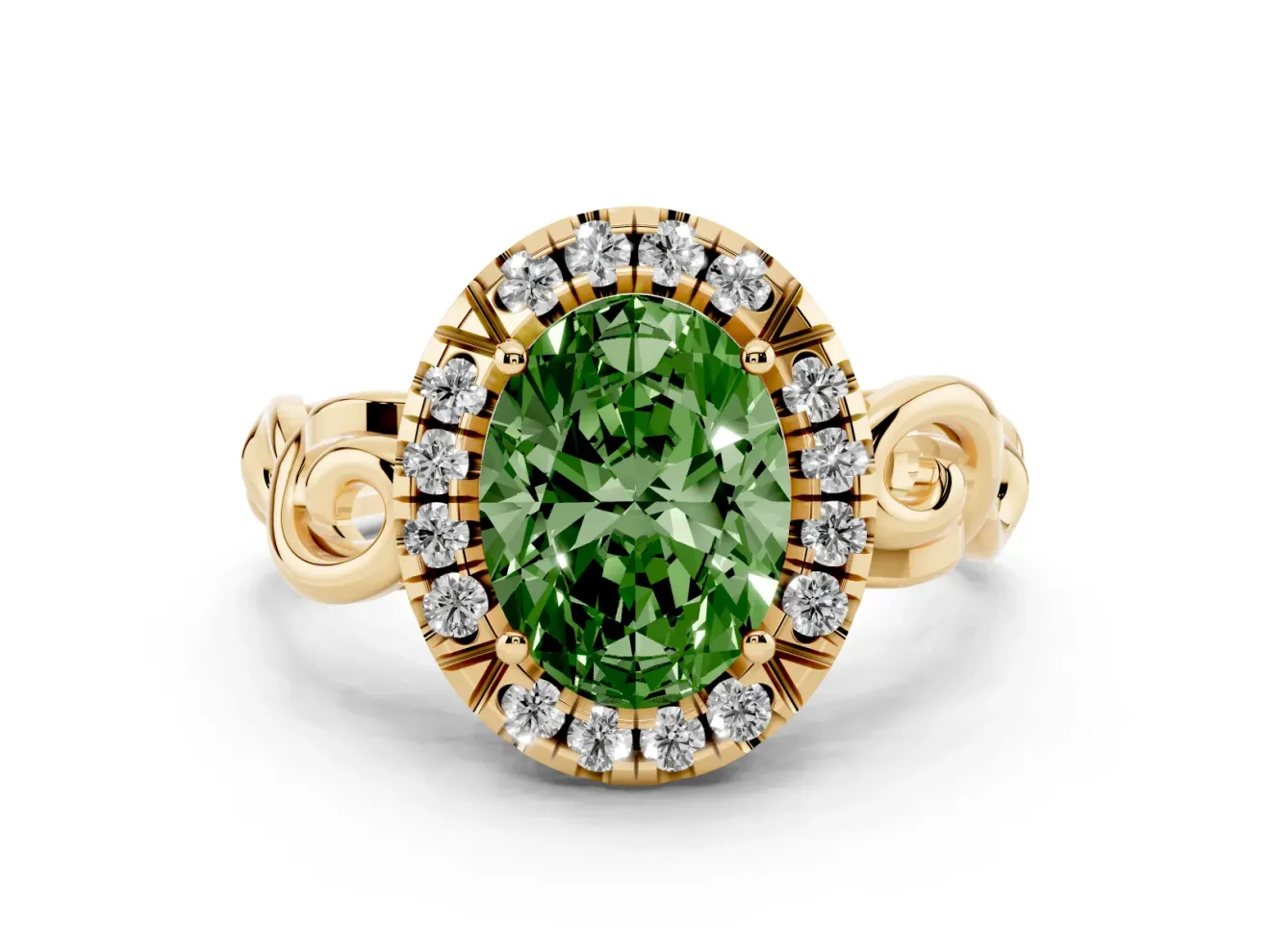 Oval Filigree Halo Engagement Ring Setting for a Fancy Green Lab-Grown Diamond | Yellow Gold