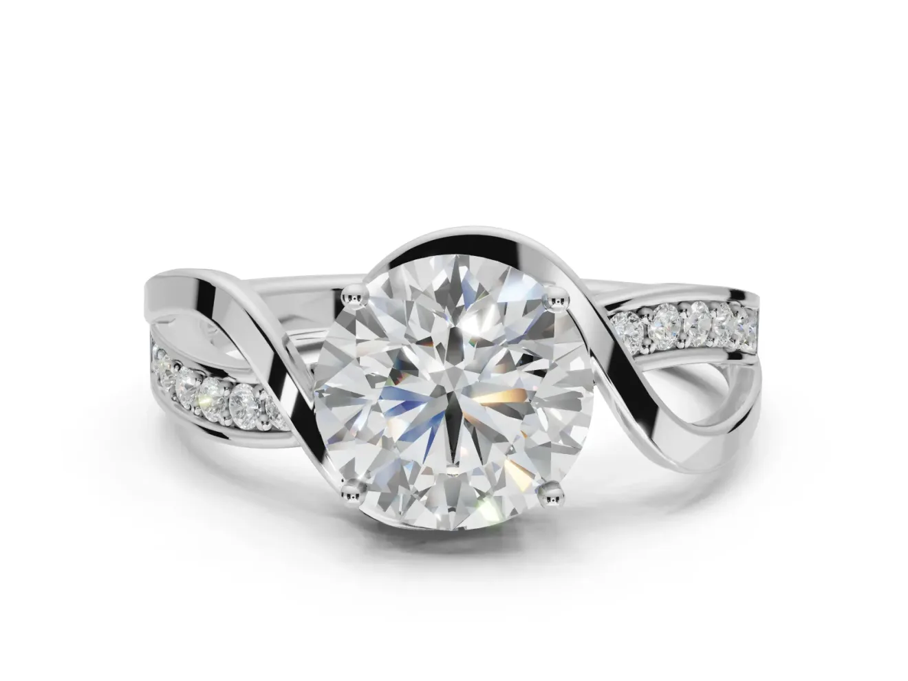 Round Bypass Solitaire Engagement Ring Setting | Pavé and Plain Strands | Sterling Silver