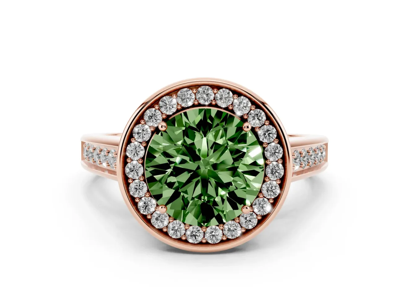 Round Rimmed Halo Engagement Ring Setting for a Fancy Green Lab-Grown Diamond | Rose Gold