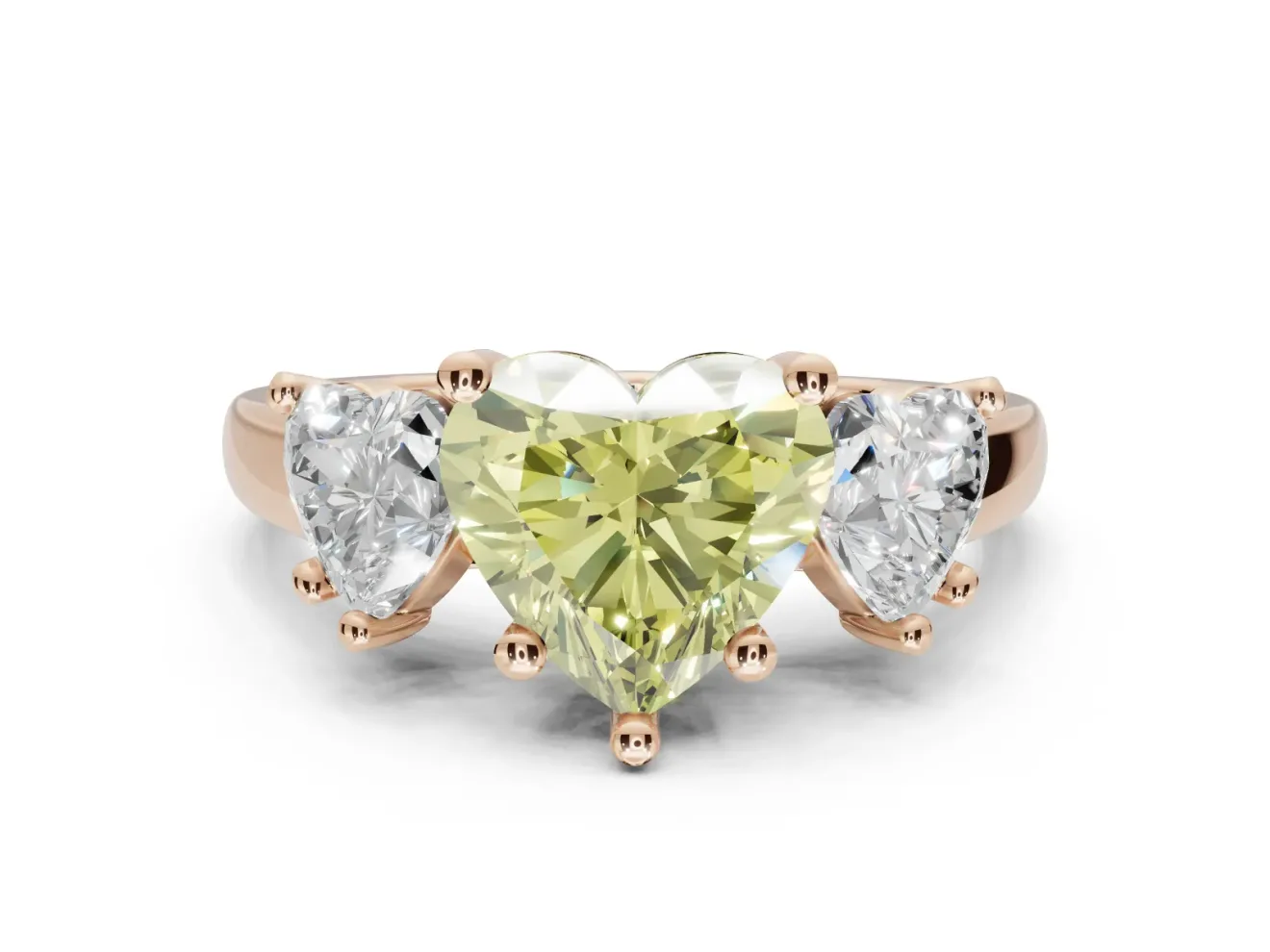 Heart-Shaped Three Stone Engagement Ring Setting for a Fancy Yellow Lab-Grown Diamond | Tapered Band | Rose Gold