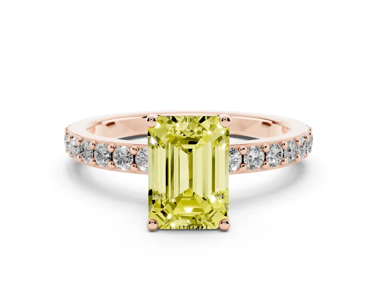 Fancy Yellow Emerald Cut Diamond Solitaire Set in Rose gold with Round Pavé Band and Prong Setting