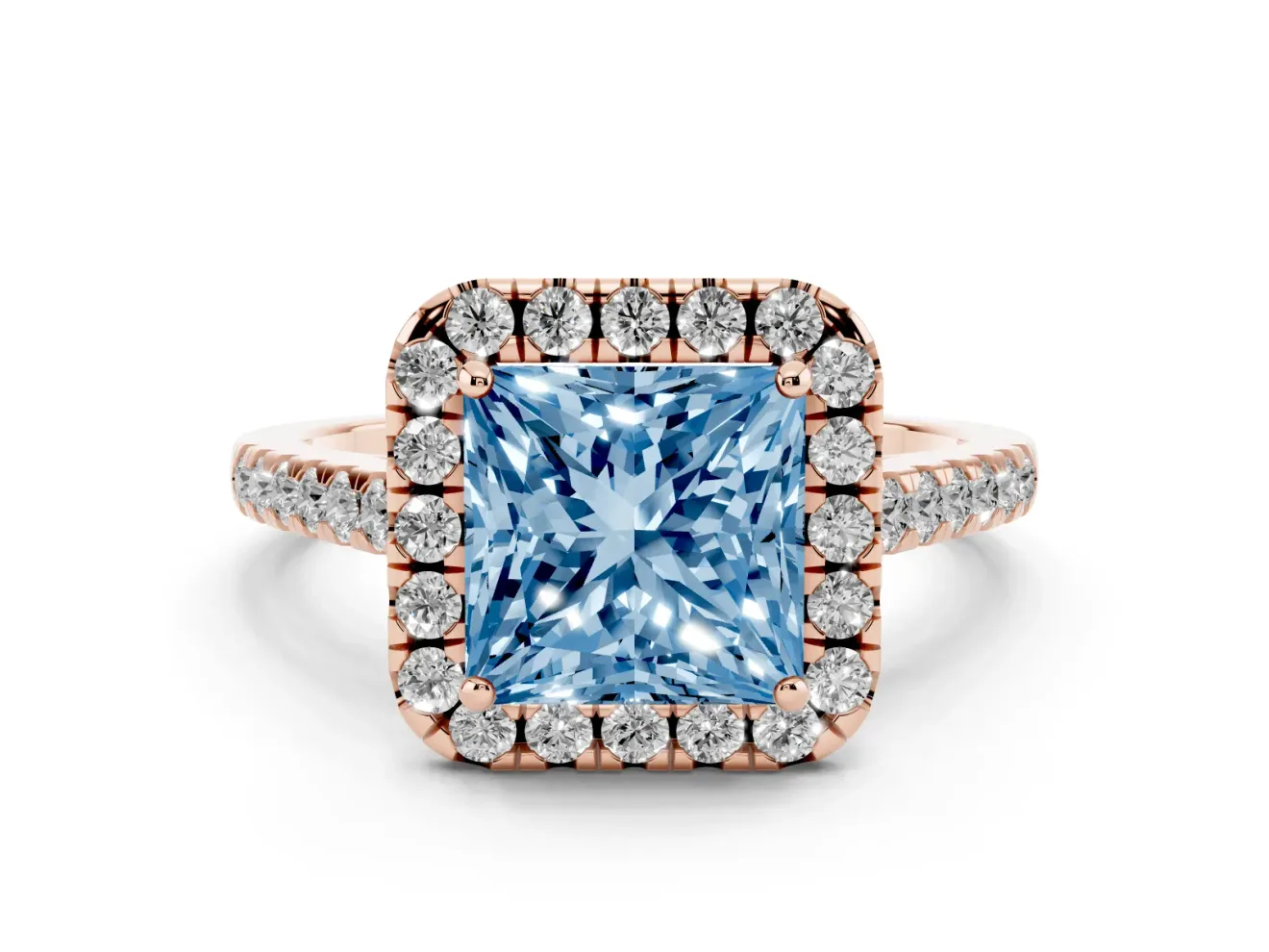 Princess Cut Halo Engagement Ring Setting for a Fancy Blue Lab-Grown Diamond | Pave Shoulders | Rose Gold