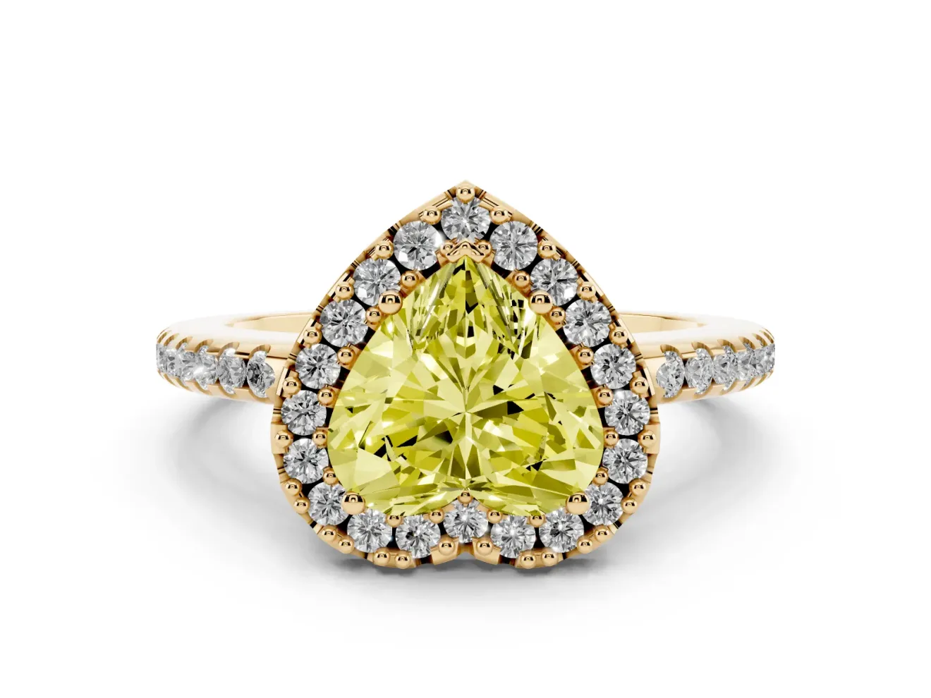 Heart-Shaped Pave Halo Engagement Ring Setting for a Fancy Yellow Lab-Grown Diamond | Pave Band | Yellow Gold
