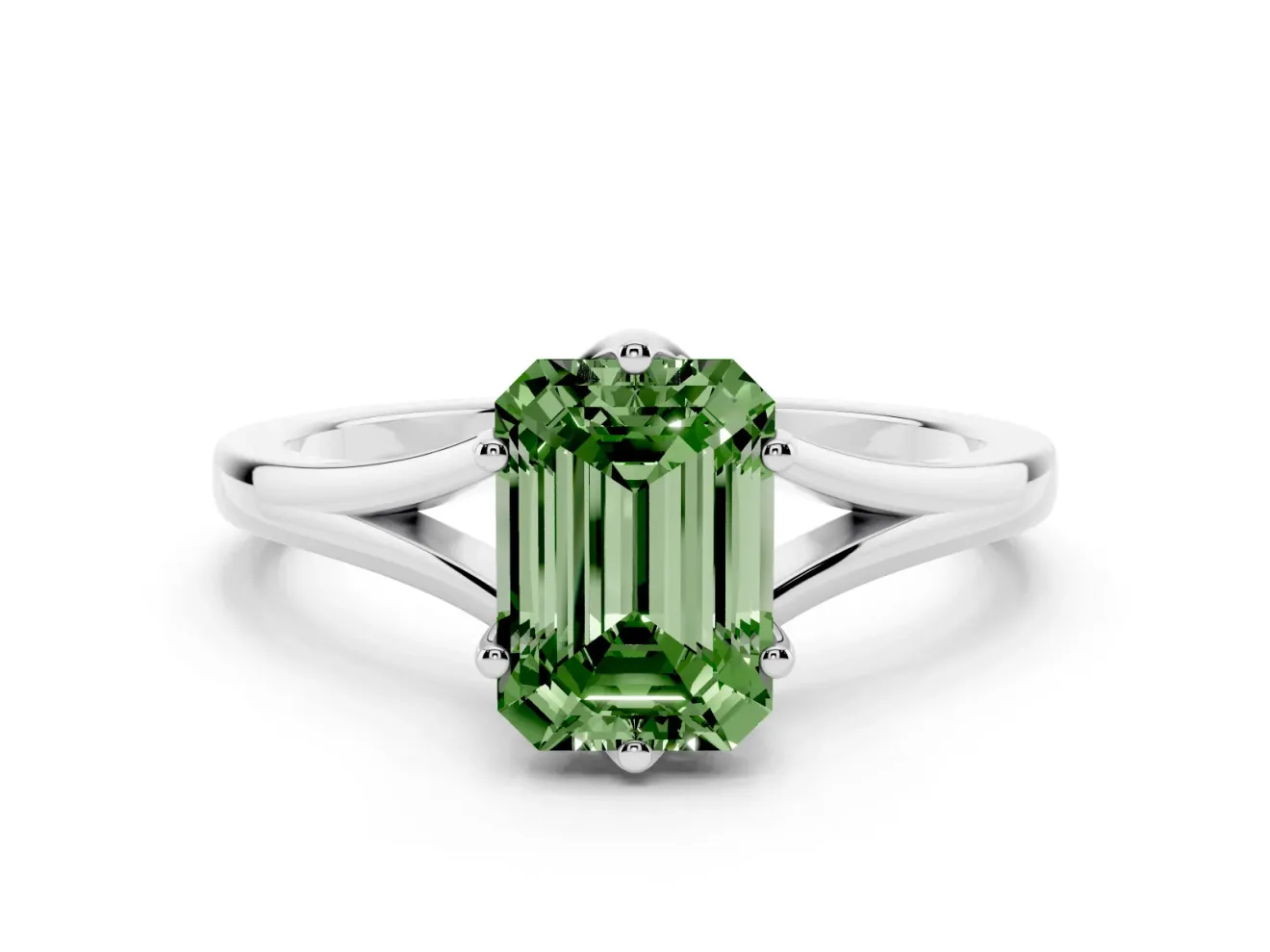 Fancy Green Emerald Cut Diamond Solitaire Ring Set in Silver with Polished Tapered Band and Prong Setting
